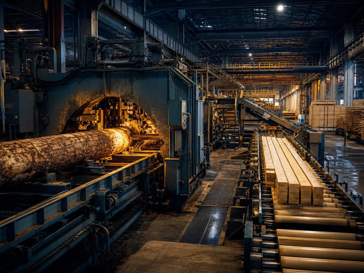 Automated sawmill with timber-handling and production machinery