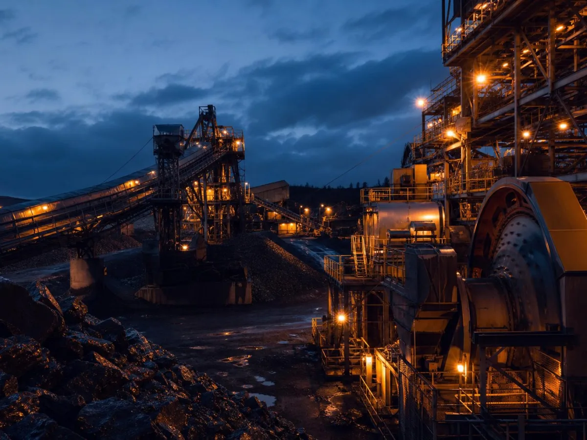 Mining resource-processing plant with crushing and ore-handling machinery